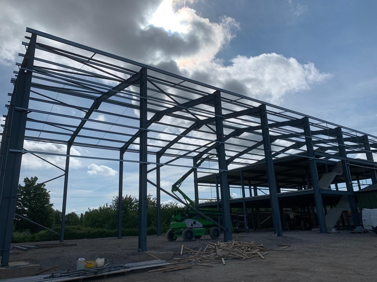 Commercial steel frame bay expansion during construction